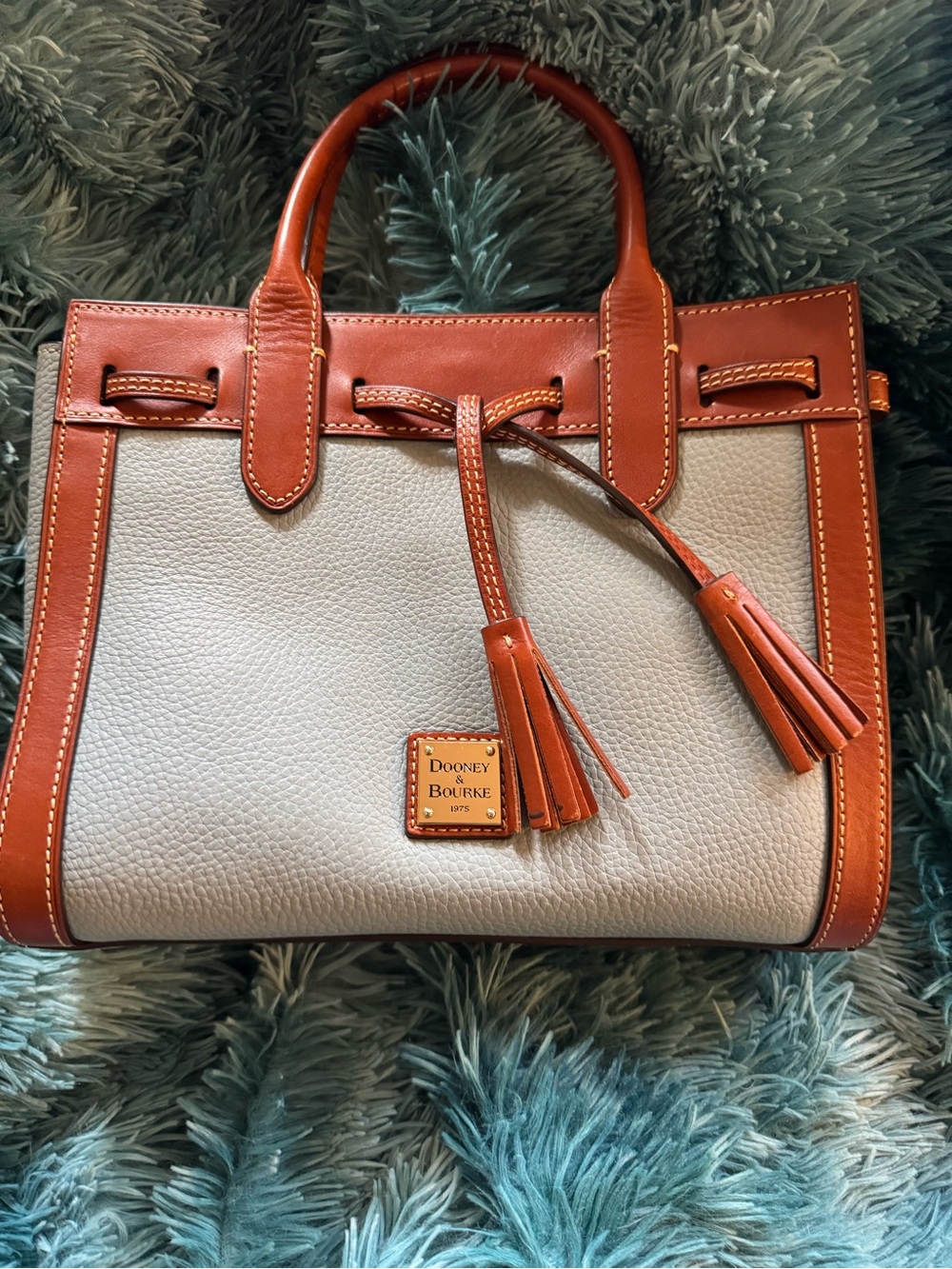 Dooney & Bourke Cream Pebbled Leather Satchel with Brown Trim